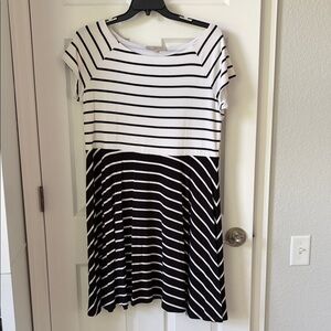 LOFT Black and White Striped Midi Dress